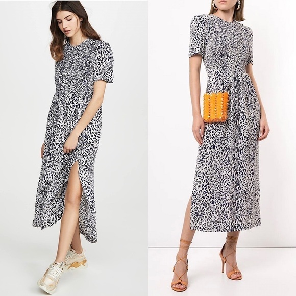 BAUM UND PFERDGARTEN Silk Short Sleeve Leopard Print Smocked Front Midi Dress 14 - Picture 1 of 16